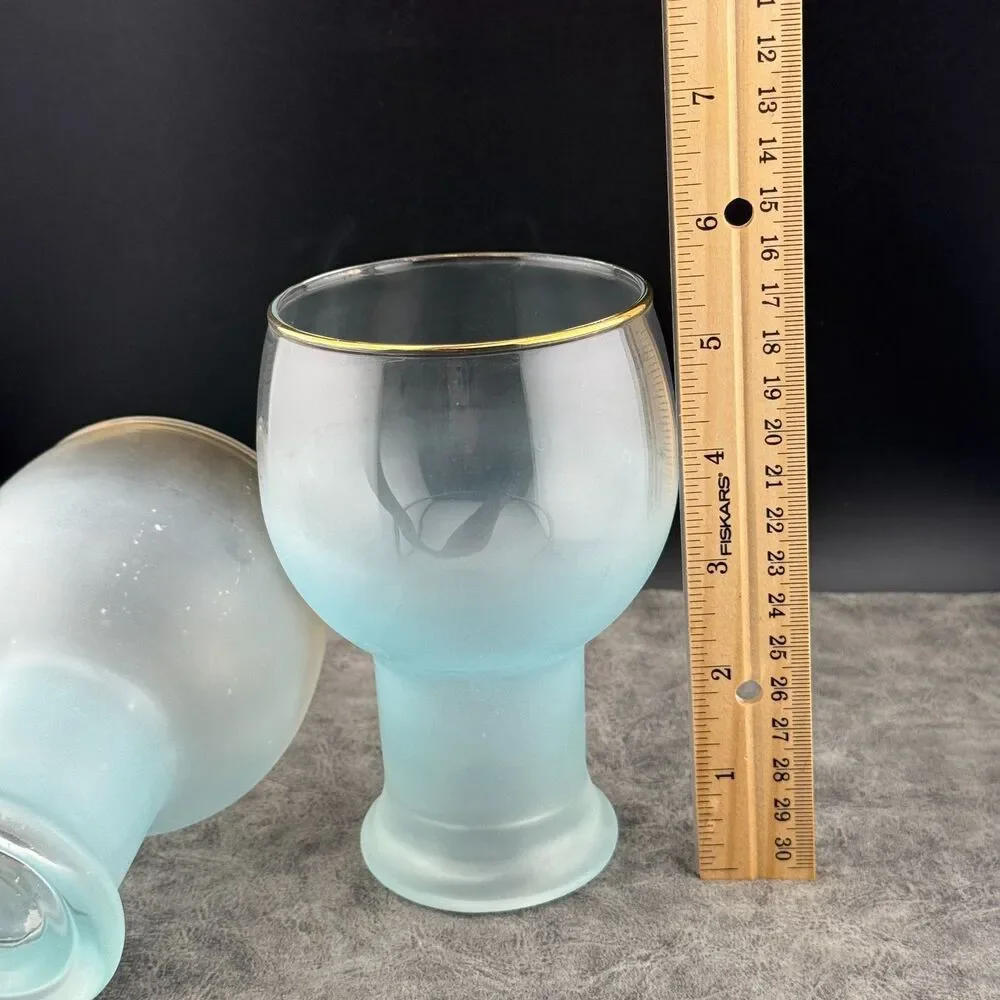 TWO (2) Vintage Federal Glass Company Frosted Blue Tumblers Cups Gold Rim 5.5